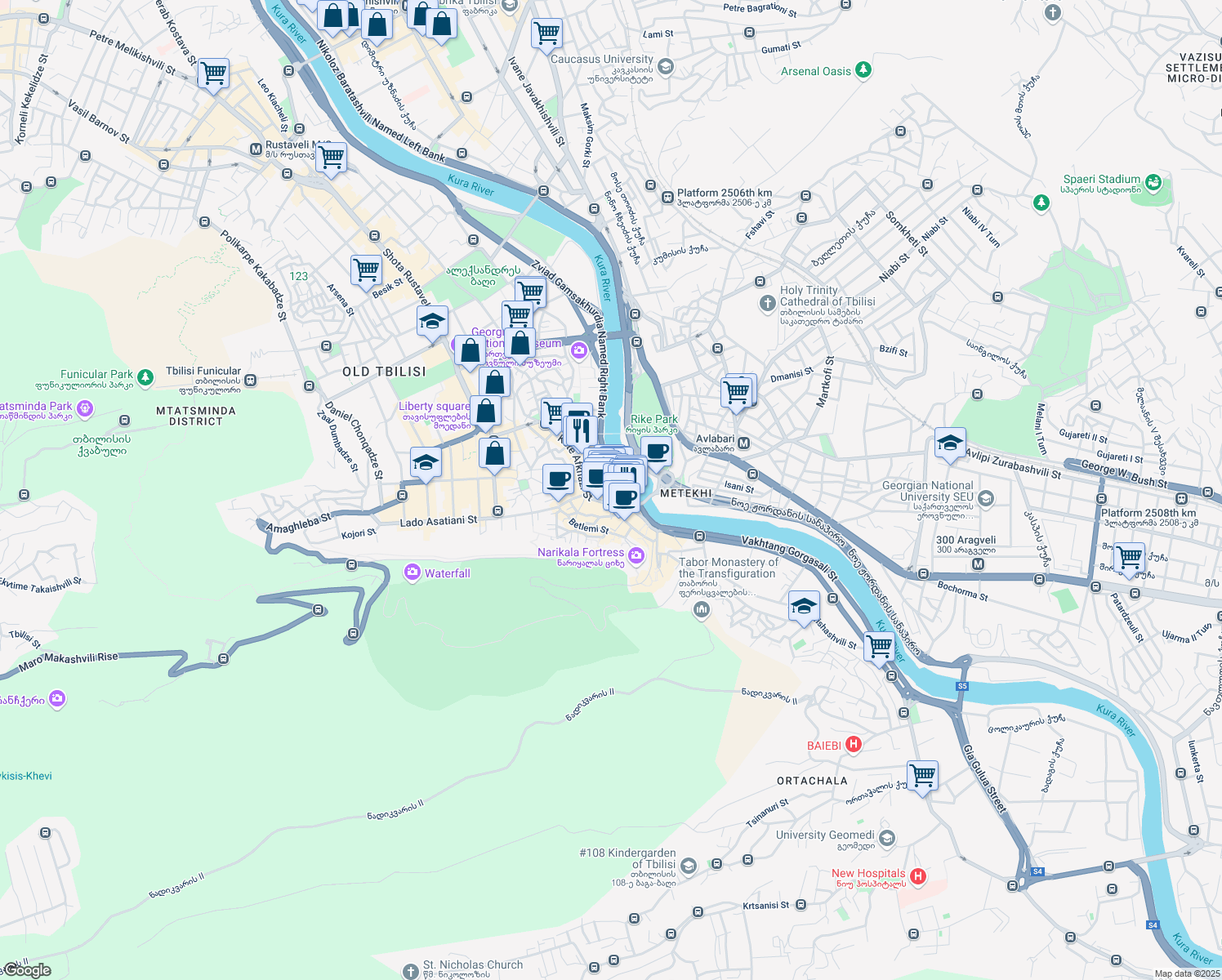 map of restaurants, bars, coffee shops, grocery stores, and more near Bambis Rigi Street in Tbilisi