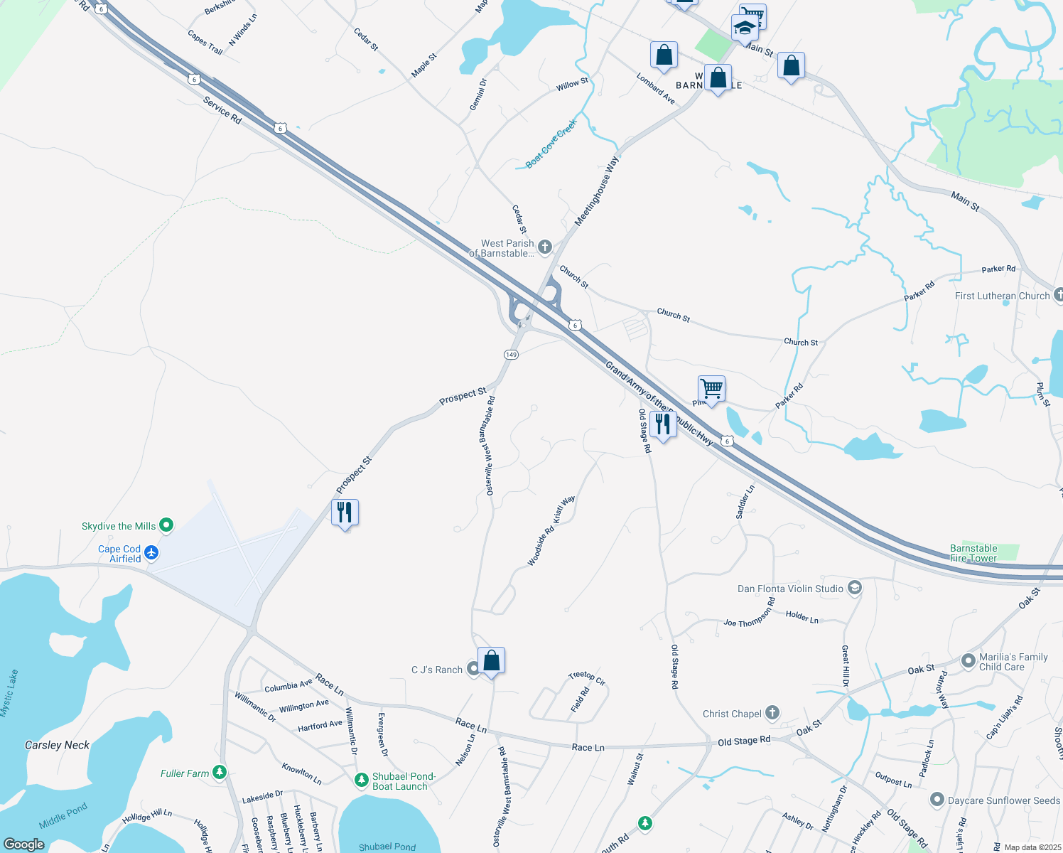 map of restaurants, bars, coffee shops, grocery stores, and more near 127 White Birch Way in Barnstable