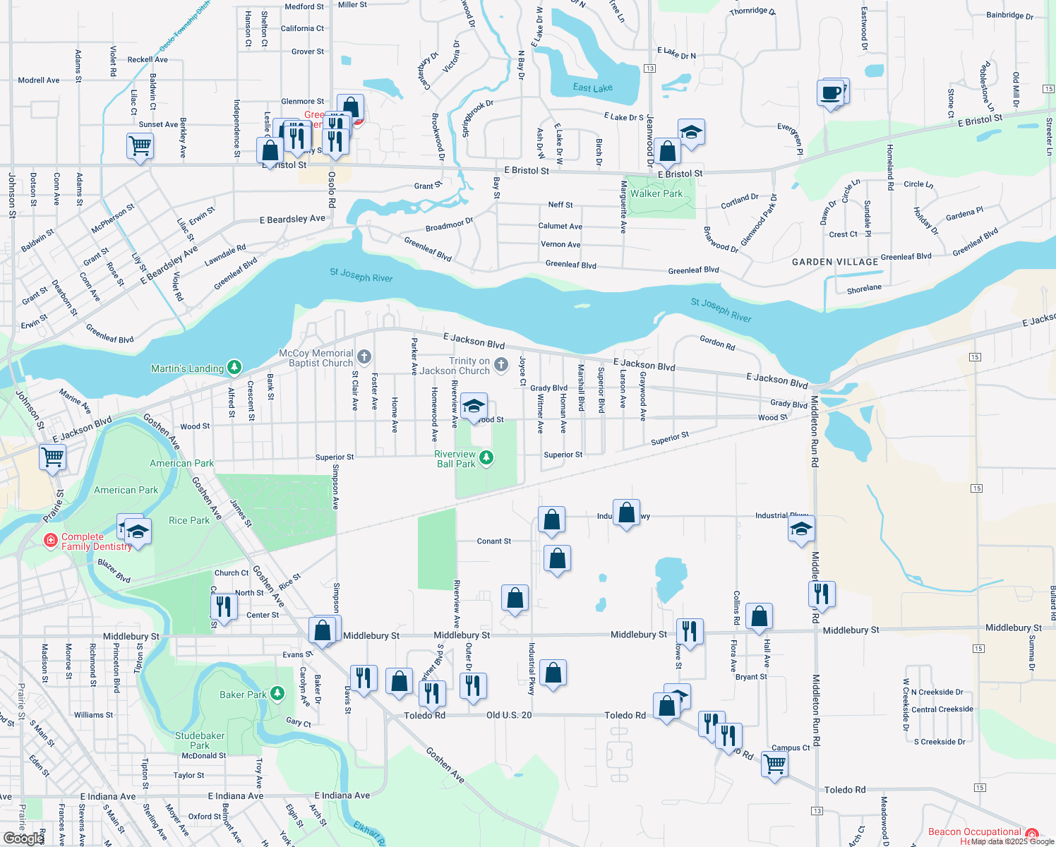 map of restaurants, bars, coffee shops, grocery stores, and more near 200 Joyce Ct in Elkhart