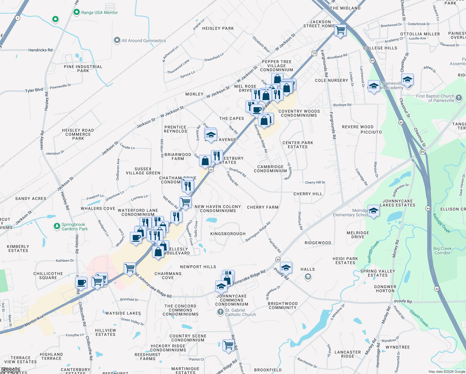 map of restaurants, bars, coffee shops, grocery stores, and more near 62 Fairfield Road in Painesville