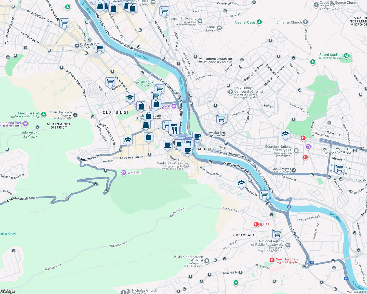 map of restaurants, bars, coffee shops, grocery stores, and more near 7 Bambis Rigi Street in Tbilisi