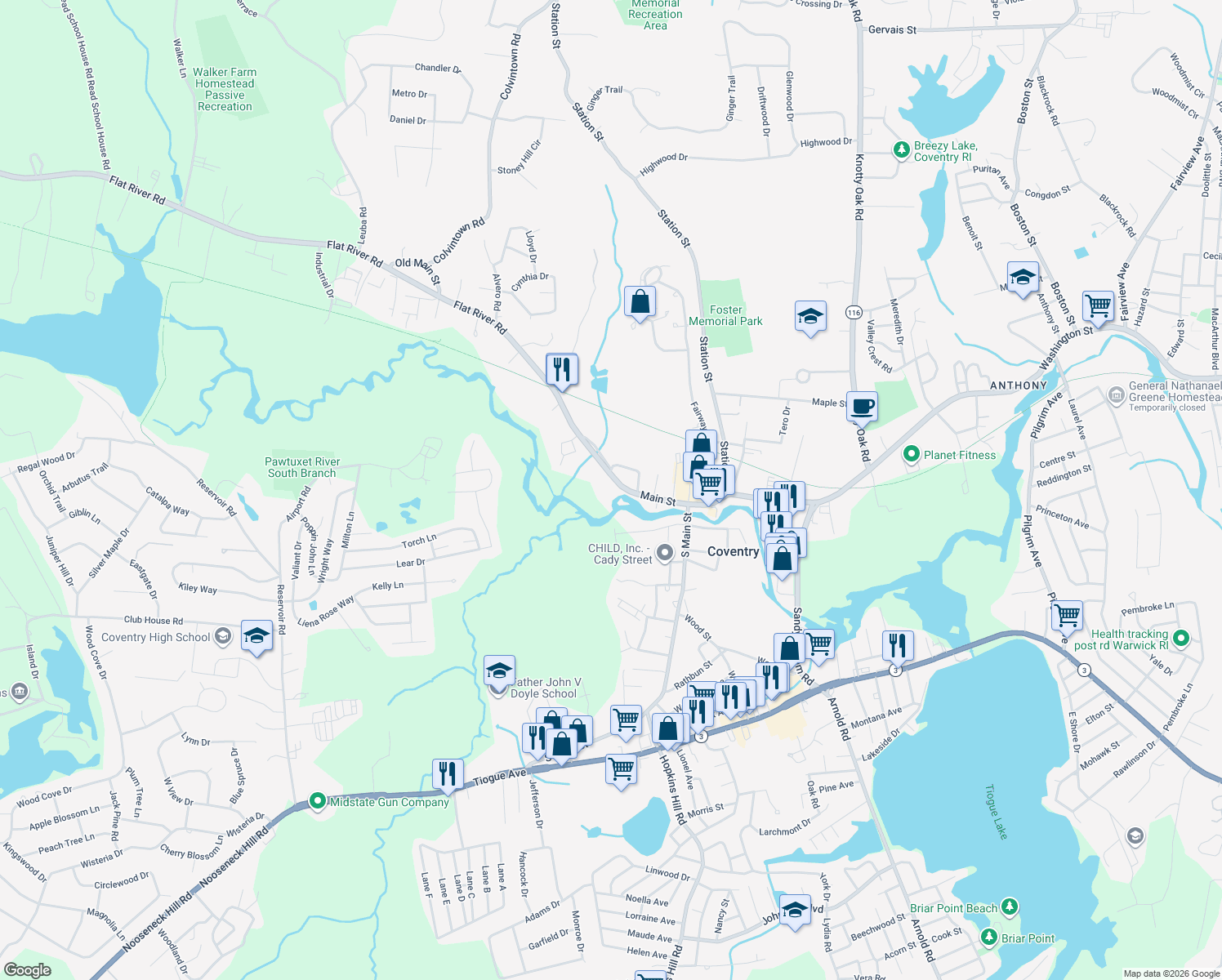 map of restaurants, bars, coffee shops, grocery stores, and more near 1260 Main St in Coventry