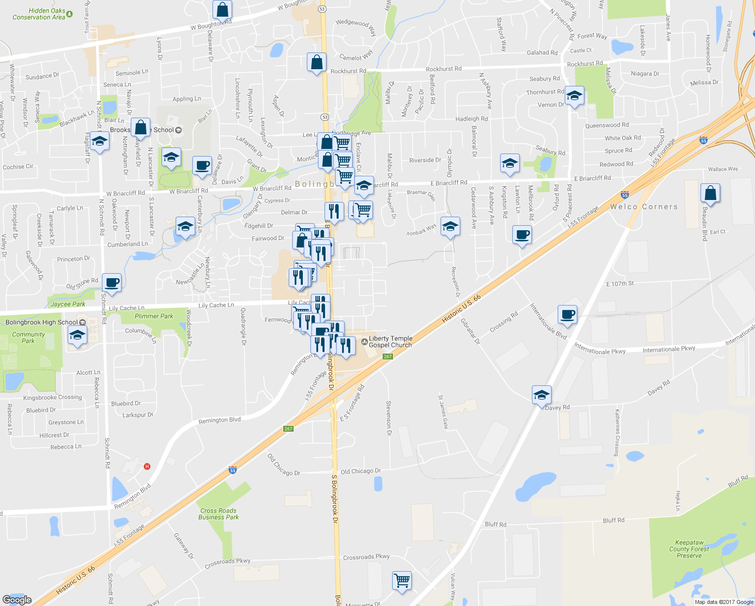 map of restaurants, bars, coffee shops, grocery stores, and more near 413 Providence Court in Bolingbrook