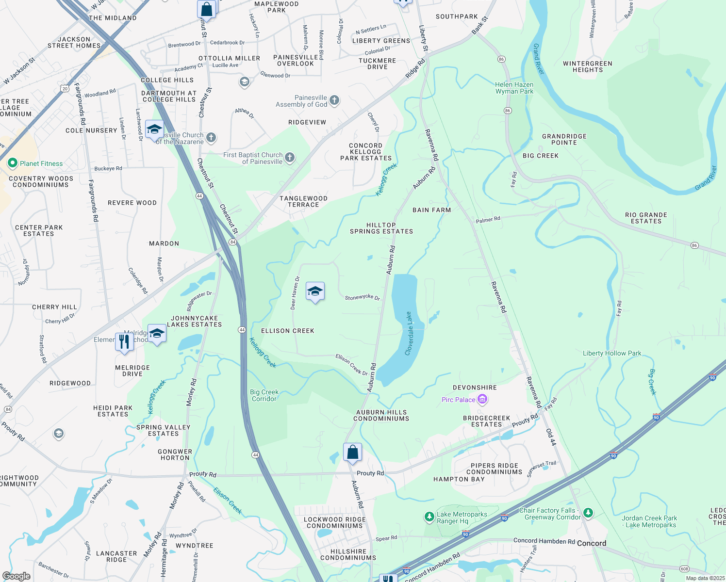 map of restaurants, bars, coffee shops, grocery stores, and more near 10985 Stonewycke Dr in Painesville