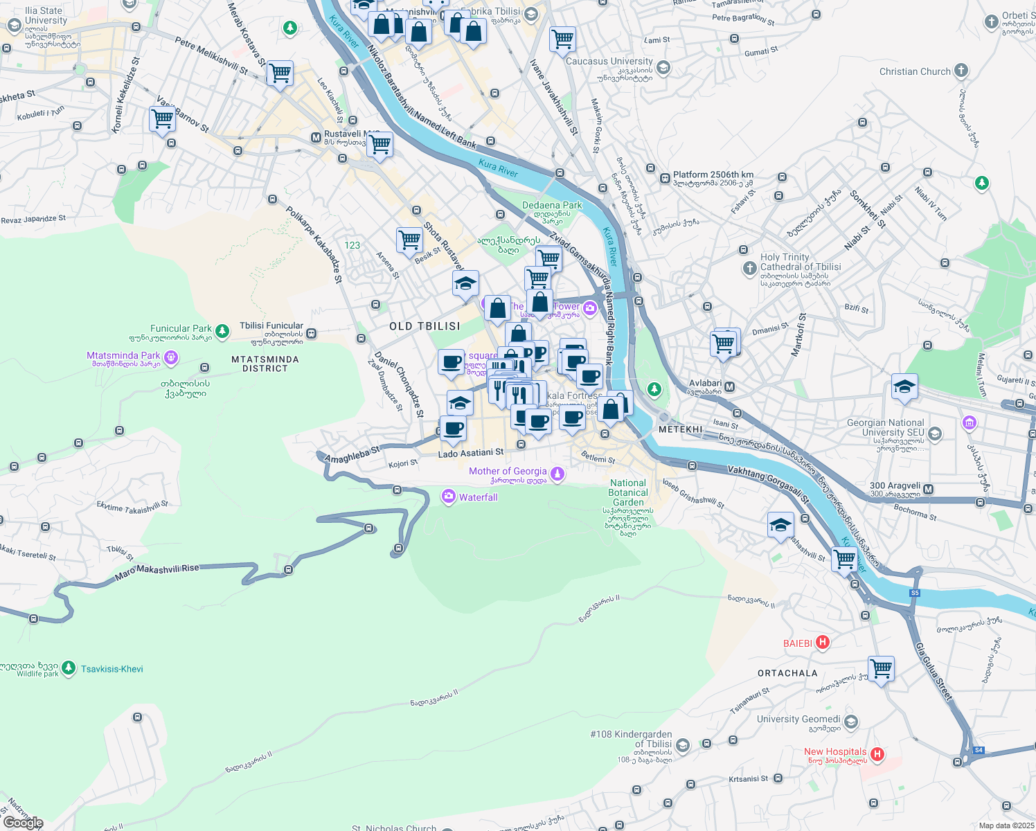 map of restaurants, bars, coffee shops, grocery stores, and more near Shalva Dadiani Street in Tbilisi