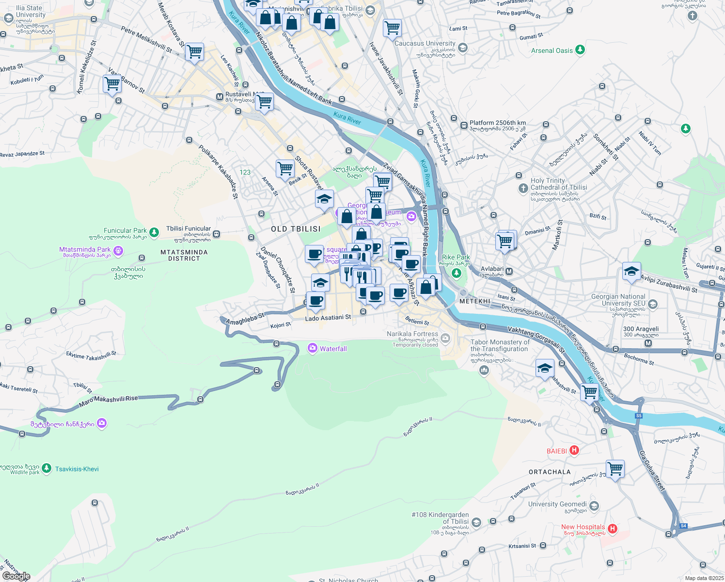 map of restaurants, bars, coffee shops, grocery stores, and more near Mikheil Lermontovi Street in T'bilisi