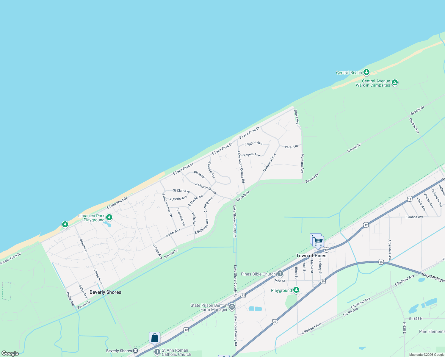 map of restaurants, bars, coffee shops, grocery stores, and more near 2-16 South Oval Avenue in Beverly Shores