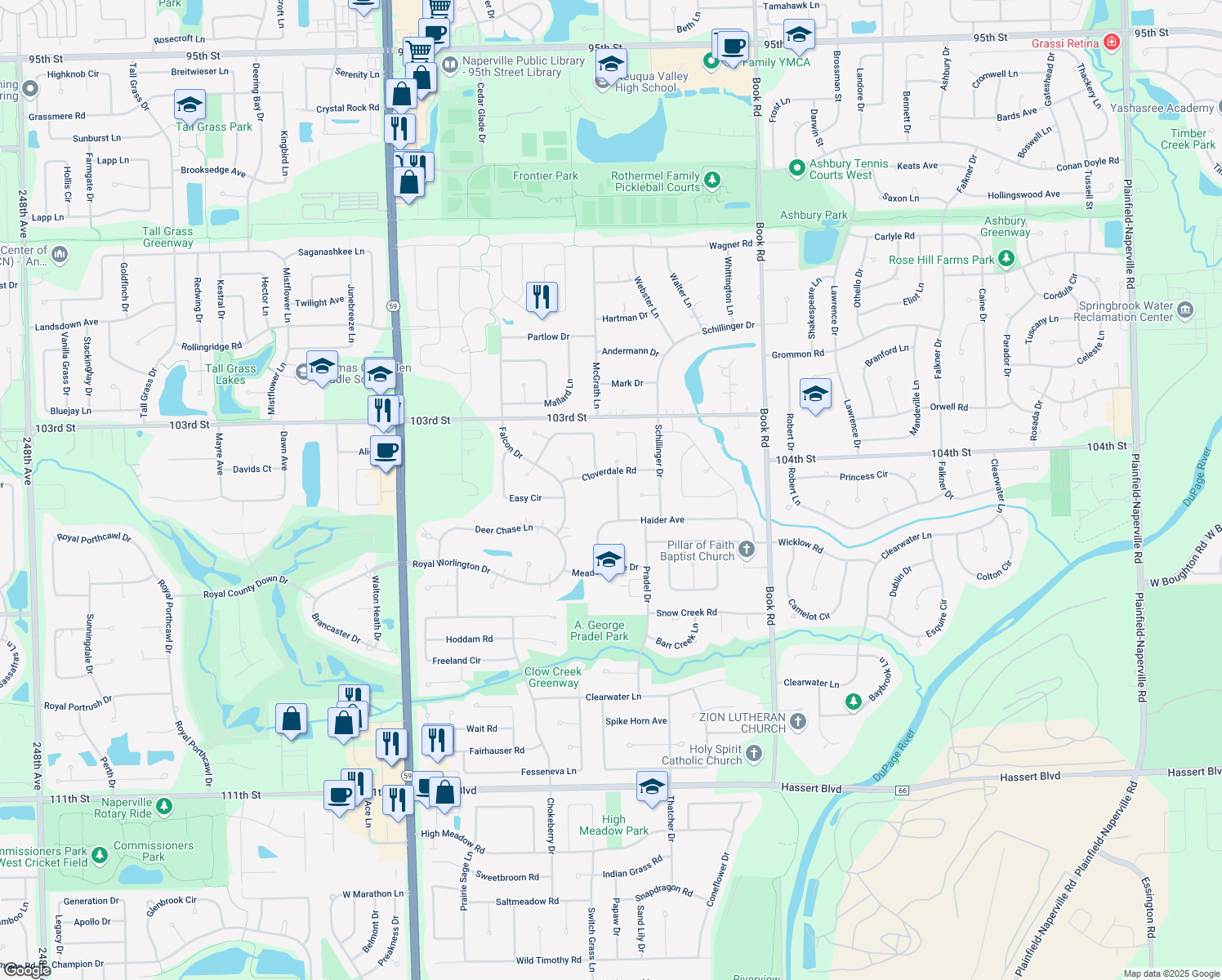 map of restaurants, bars, coffee shops, grocery stores, and more near 4111 Joe Willie Dr in Naperville