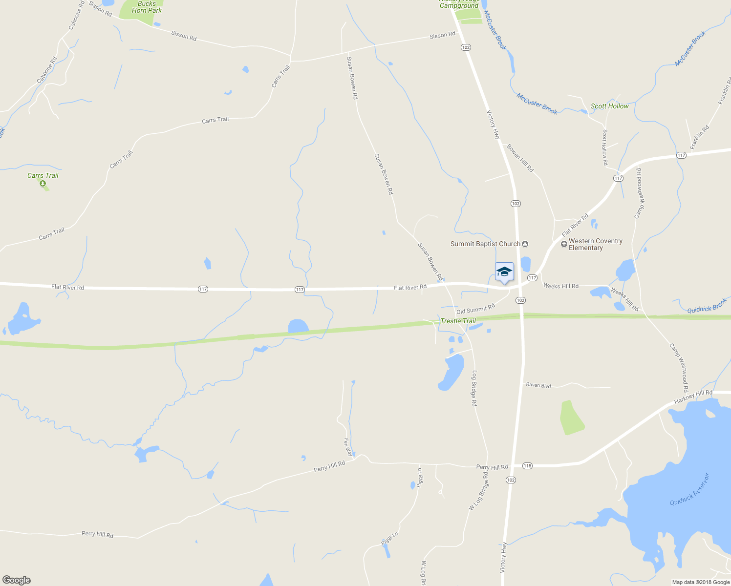 map of restaurants, bars, coffee shops, grocery stores, and more near 5150 Flat River Road in Coventry