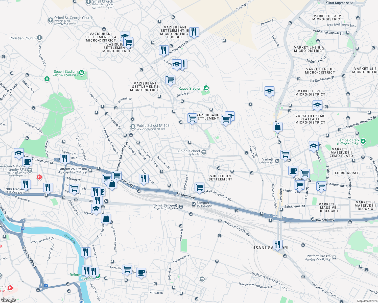map of restaurants, bars, coffee shops, grocery stores, and more near Dimitri Uznadze Street in Tbilisi