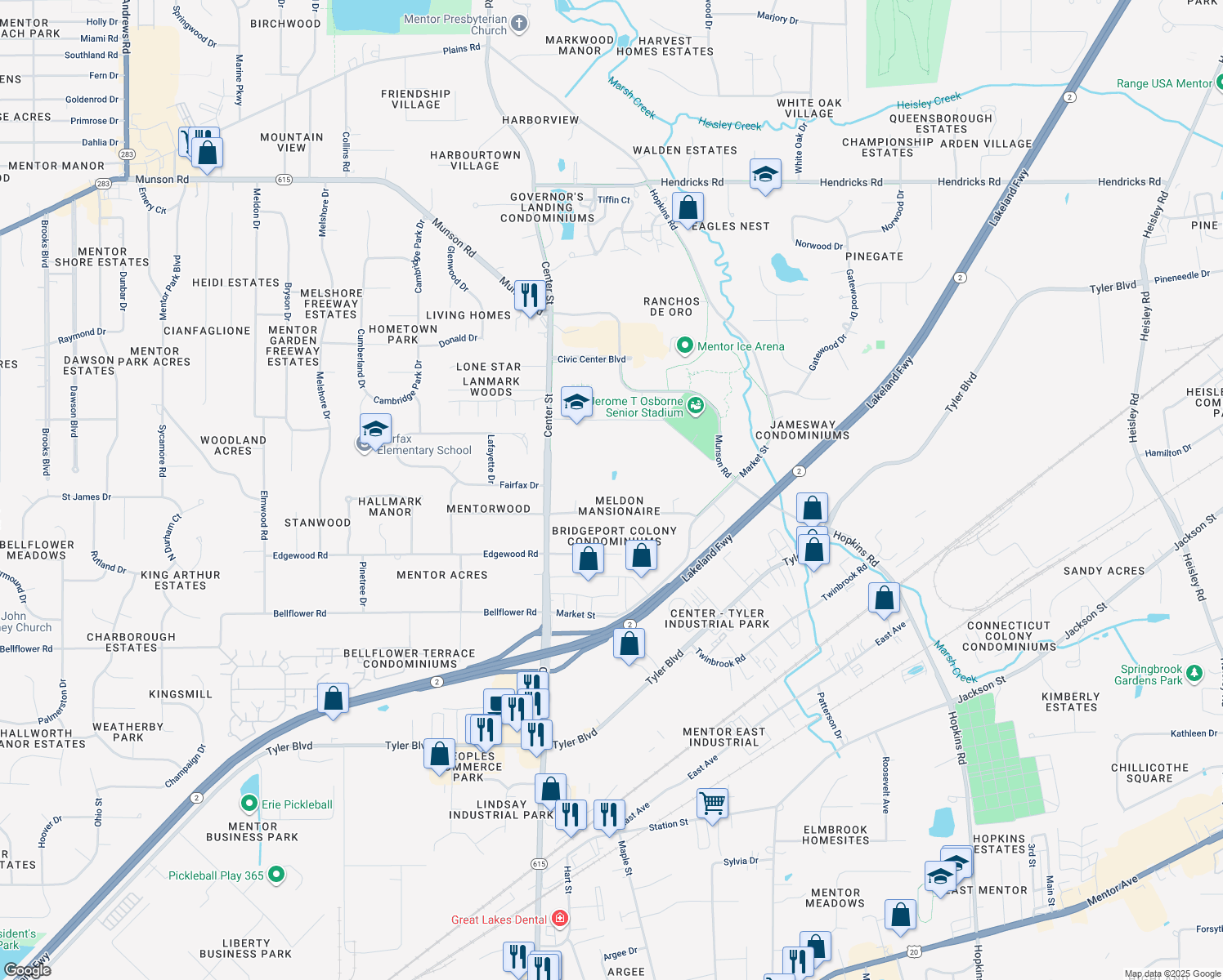 map of restaurants, bars, coffee shops, grocery stores, and more near 6573 Forbes Court in Mentor