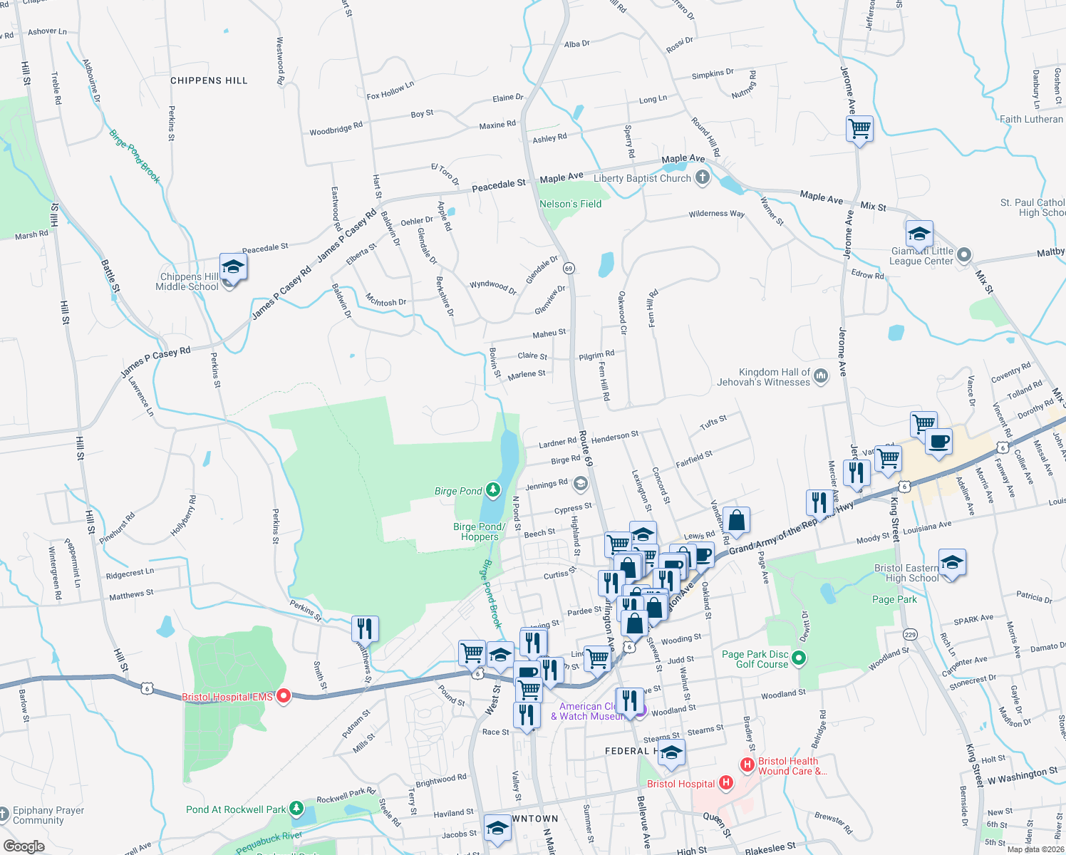 map of restaurants, bars, coffee shops, grocery stores, and more near 220 North Pond Street in Bristol