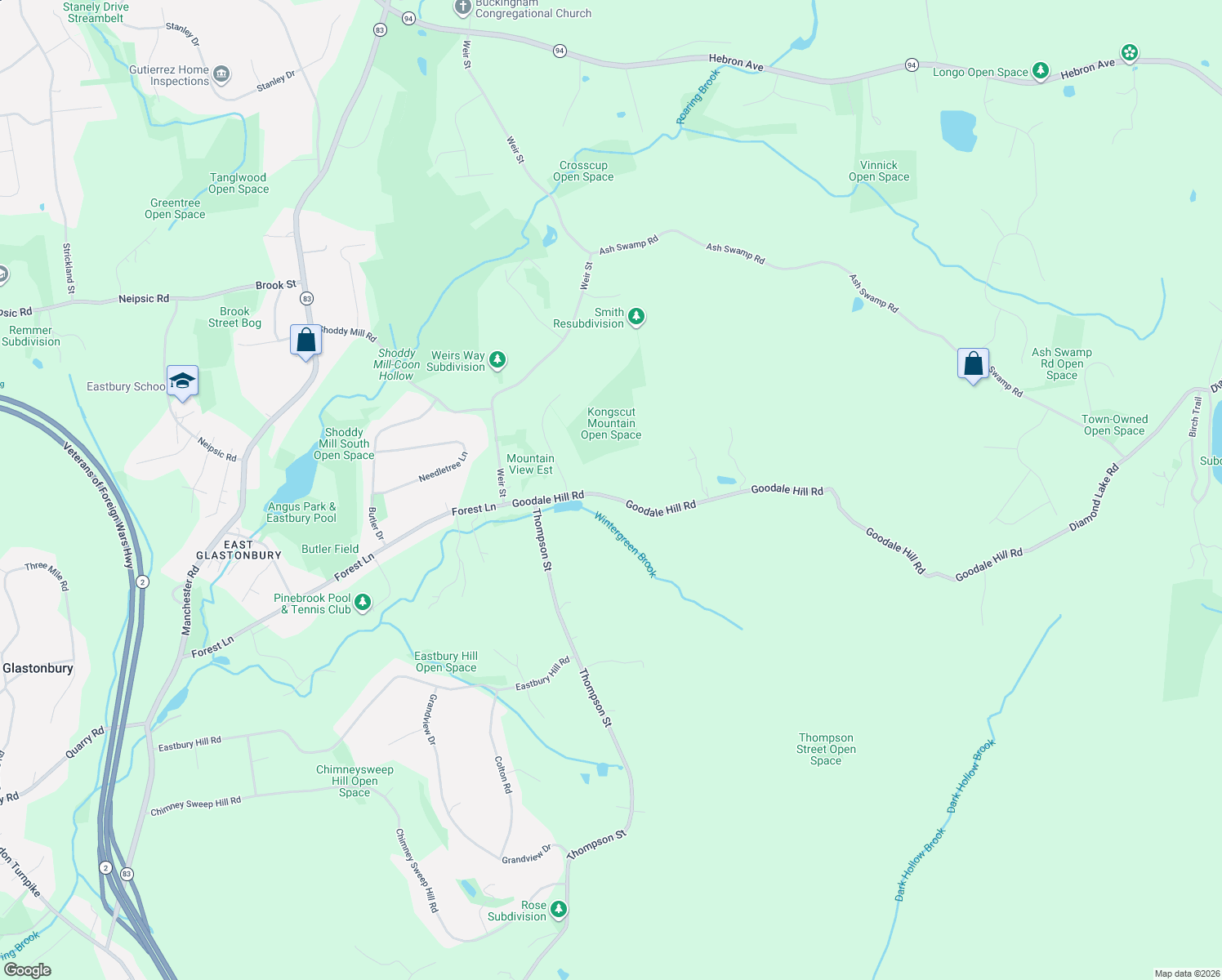 map of restaurants, bars, coffee shops, grocery stores, and more near 537 Goodale Hill Road in Glastonbury