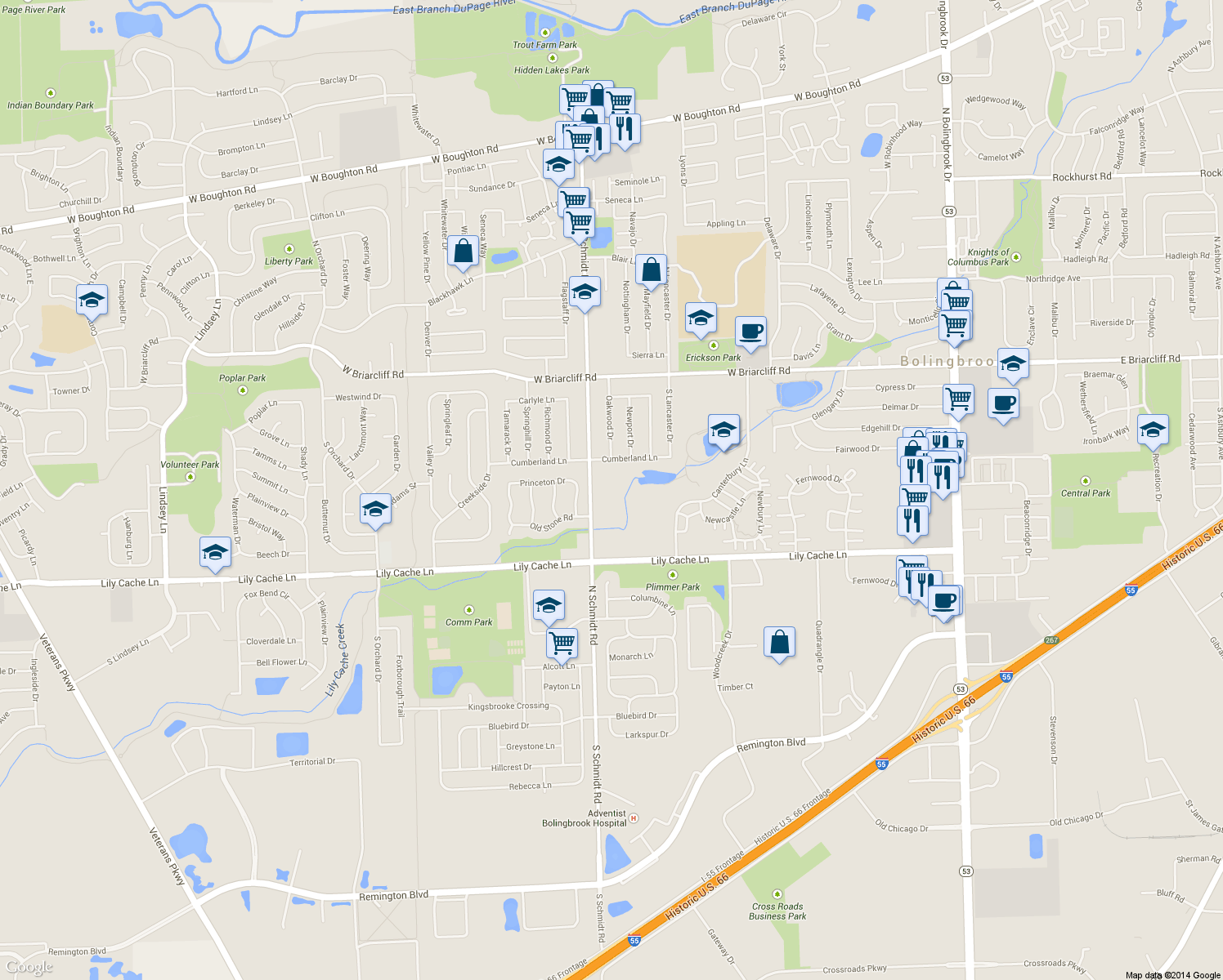 map of restaurants, bars, coffee shops, grocery stores, and more near 240 S Schmidt Rd in Bolingbrook