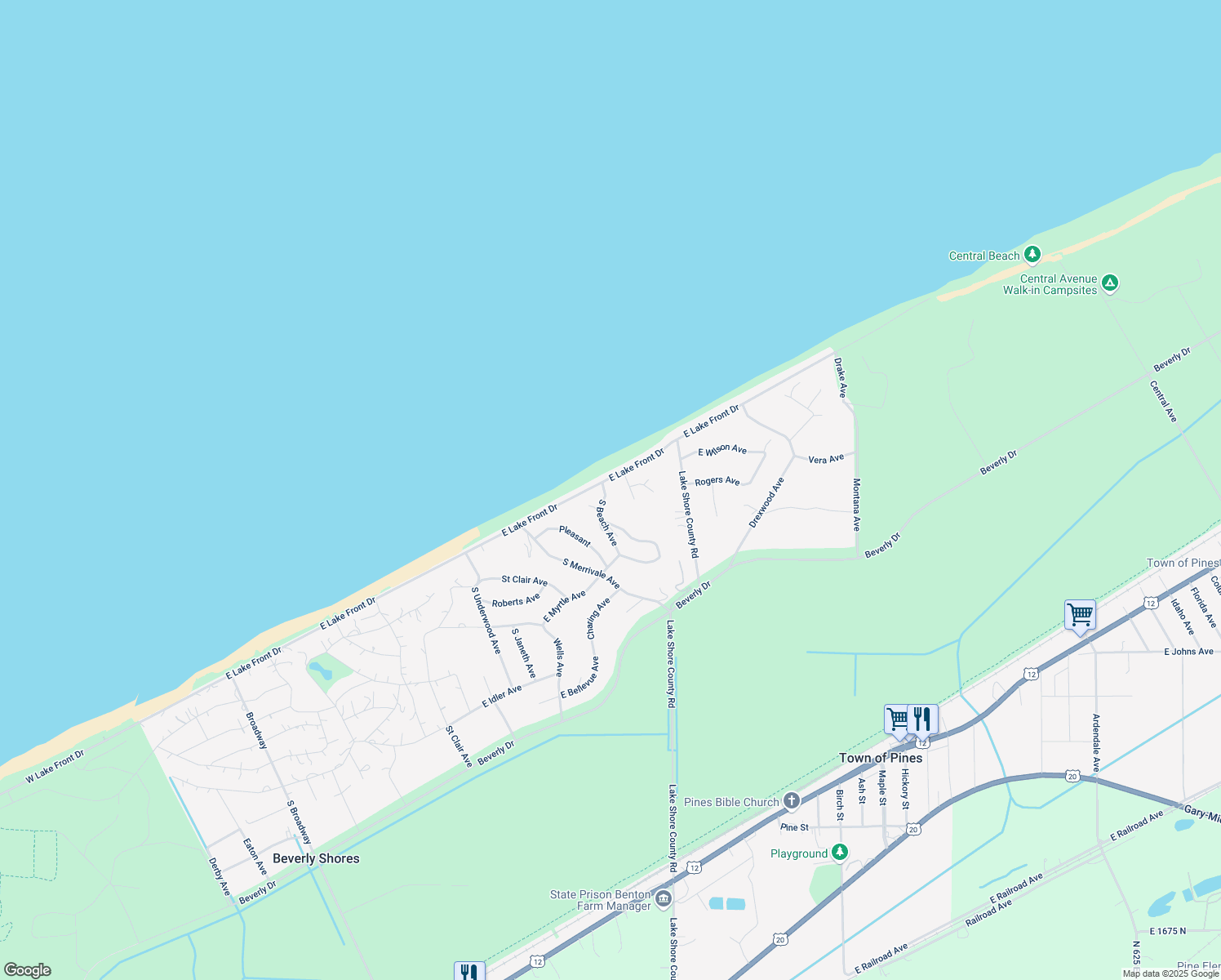 map of restaurants, bars, coffee shops, grocery stores, and more near 601 East Lake Front Drive in Beverly Shores