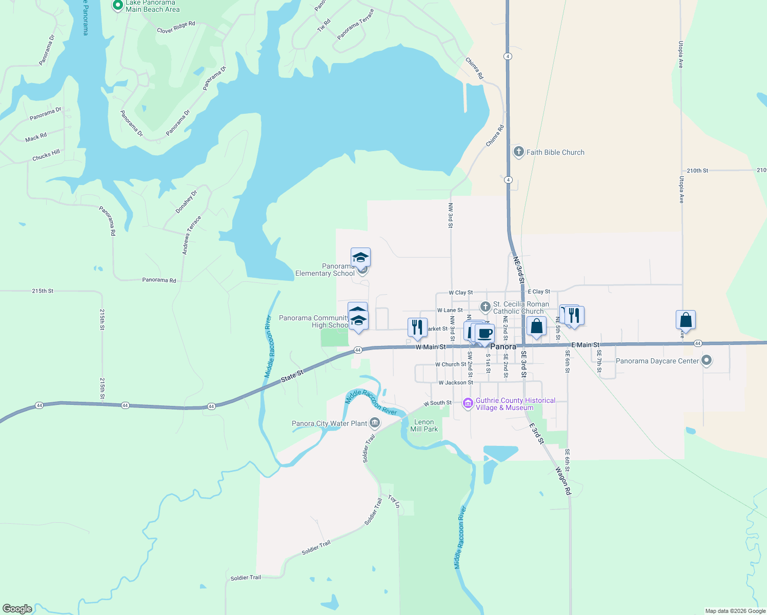 map of restaurants, bars, coffee shops, grocery stores, and more near 209 Oak Ridge Dr in Panora