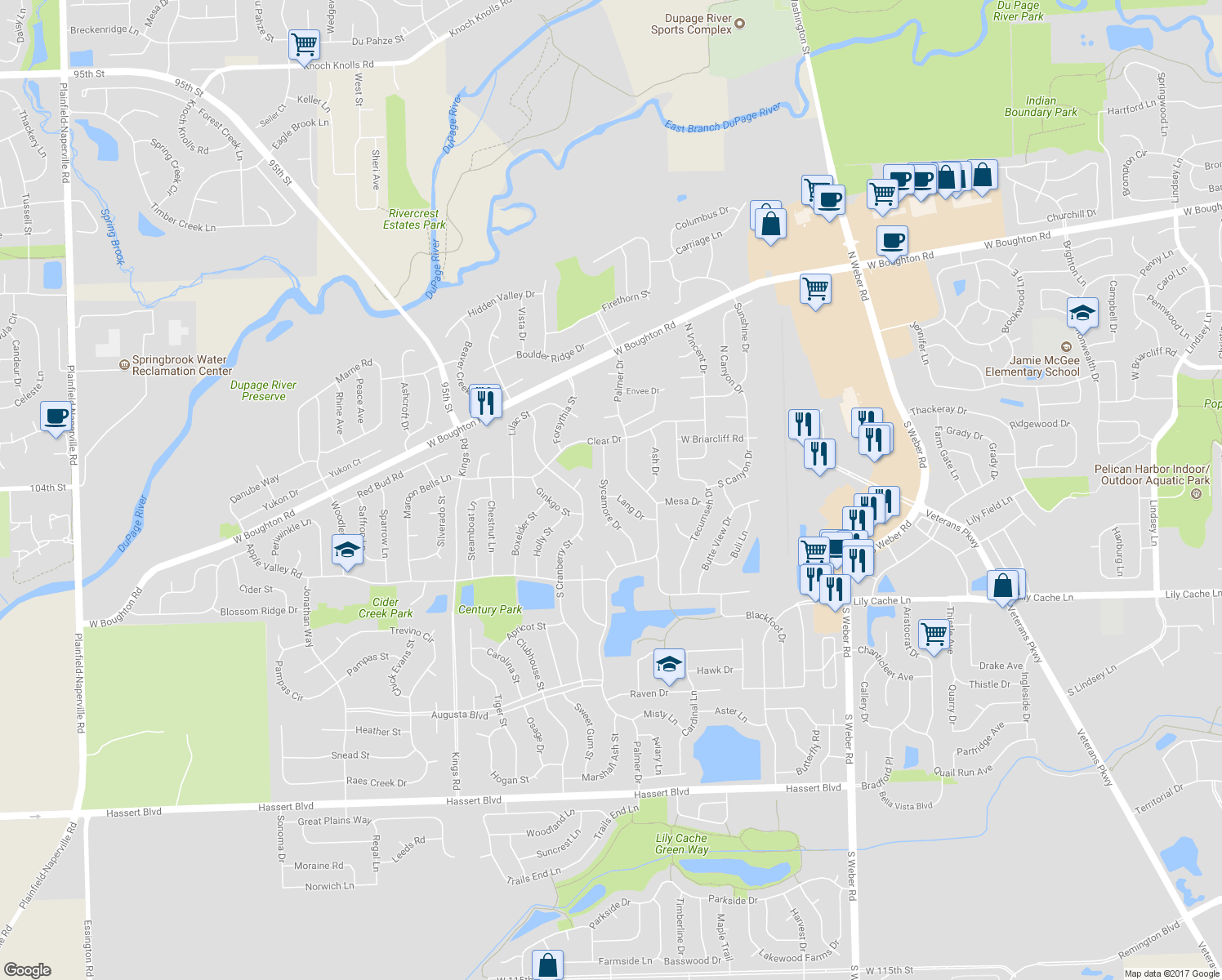 map of restaurants, bars, coffee shops, grocery stores, and more near 136 Sycamore Drive in Bolingbrook