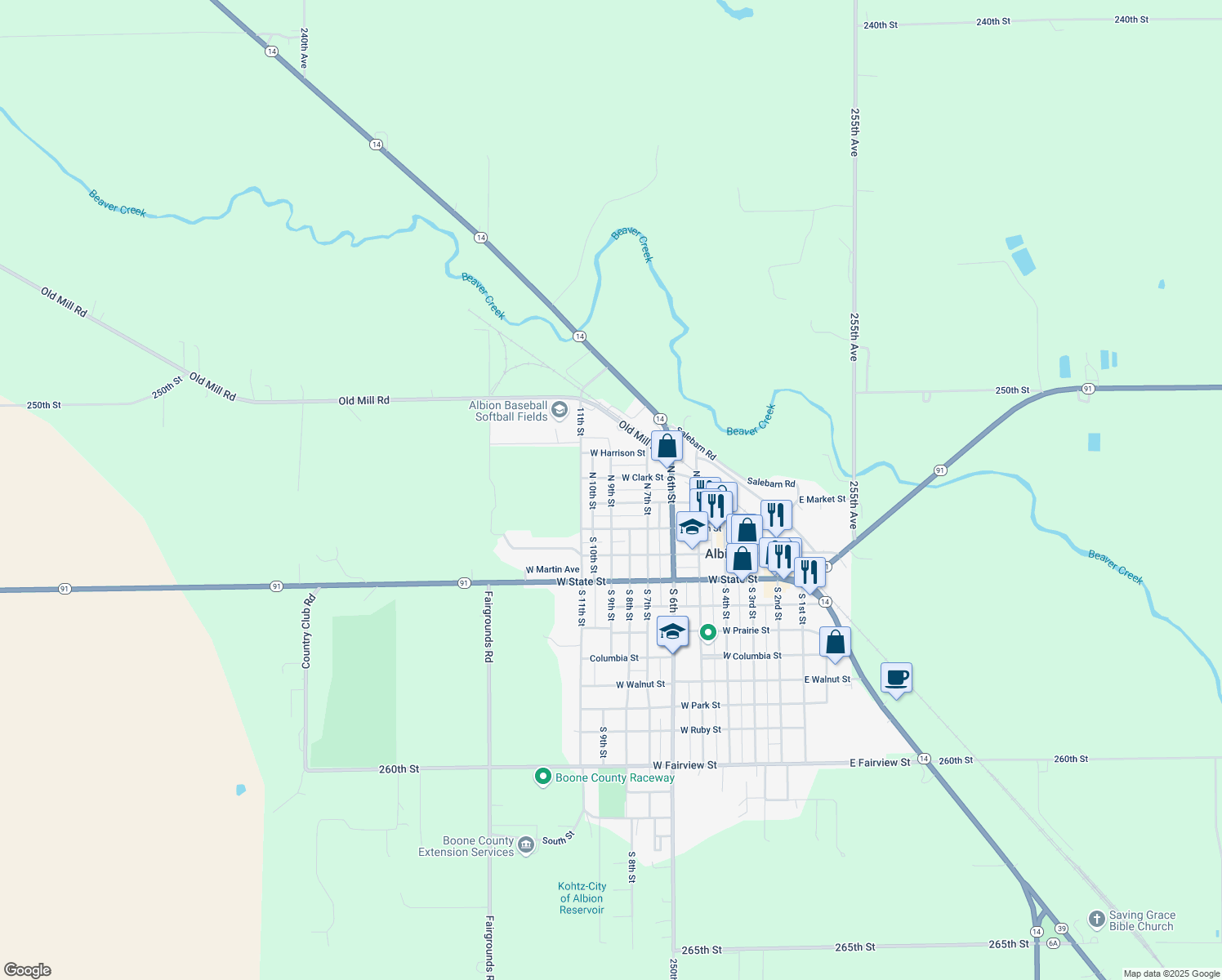 map of restaurants, bars, coffee shops, grocery stores, and more near 242 North 9th Street in Albion