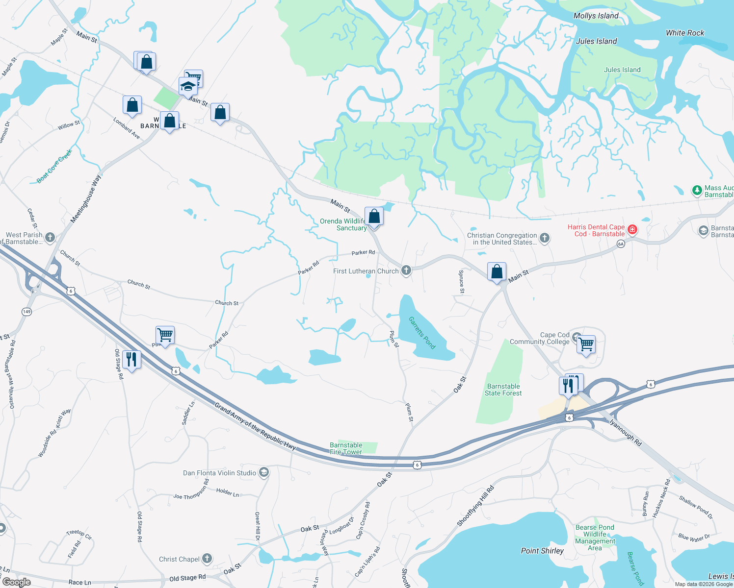 map of restaurants, bars, coffee shops, grocery stores, and more near 355 Plum Street in Barnstable