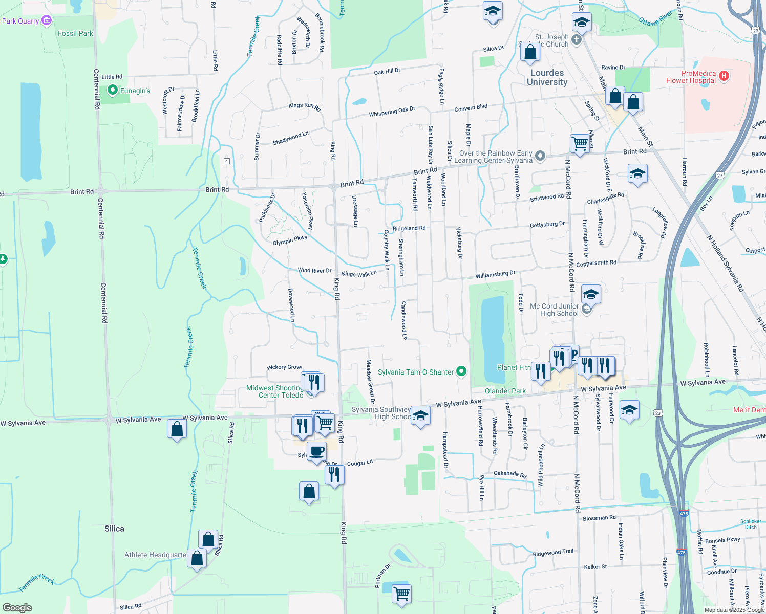 map of restaurants, bars, coffee shops, grocery stores, and more near 7331 Country Meadow Court in Sylvania
