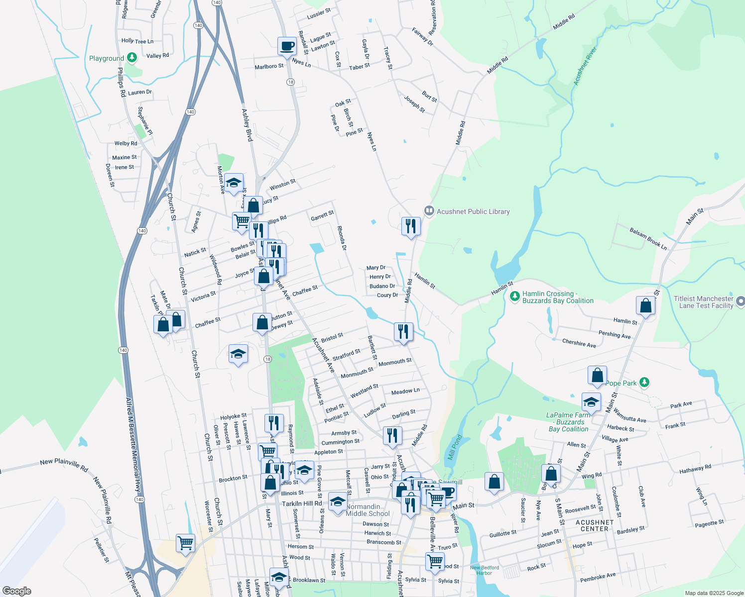 map of restaurants, bars, coffee shops, grocery stores, and more near 26 Coury Drive in Acushnet