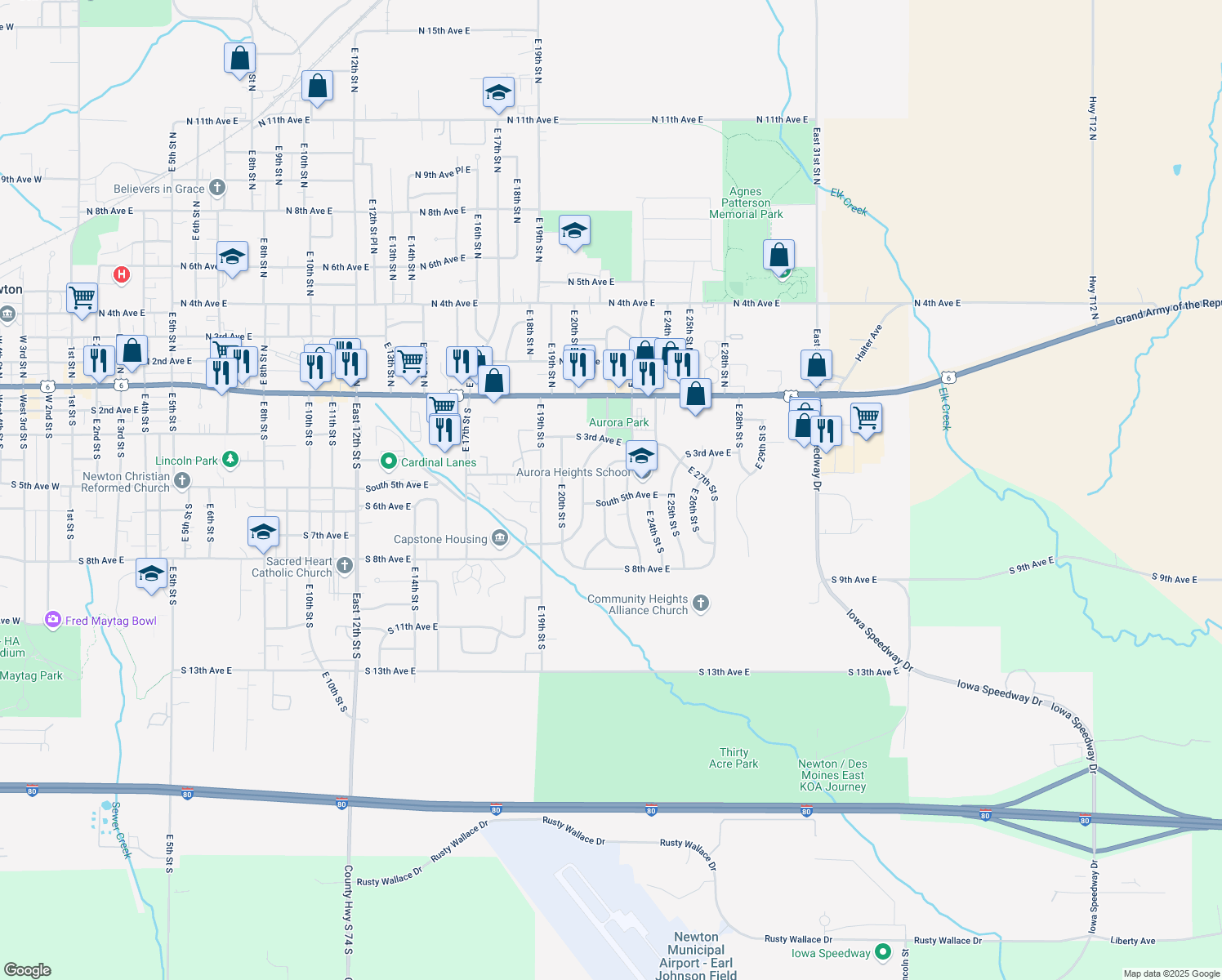 map of restaurants, bars, coffee shops, grocery stores, and more near 404 E 22nd St S in Newton