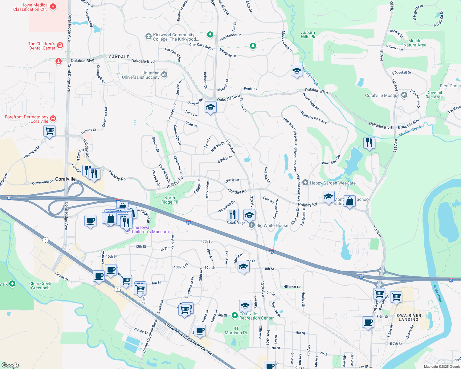 map of restaurants, bars, coffee shops, grocery stores, and more near 1926 Liberty Ct in Coralville