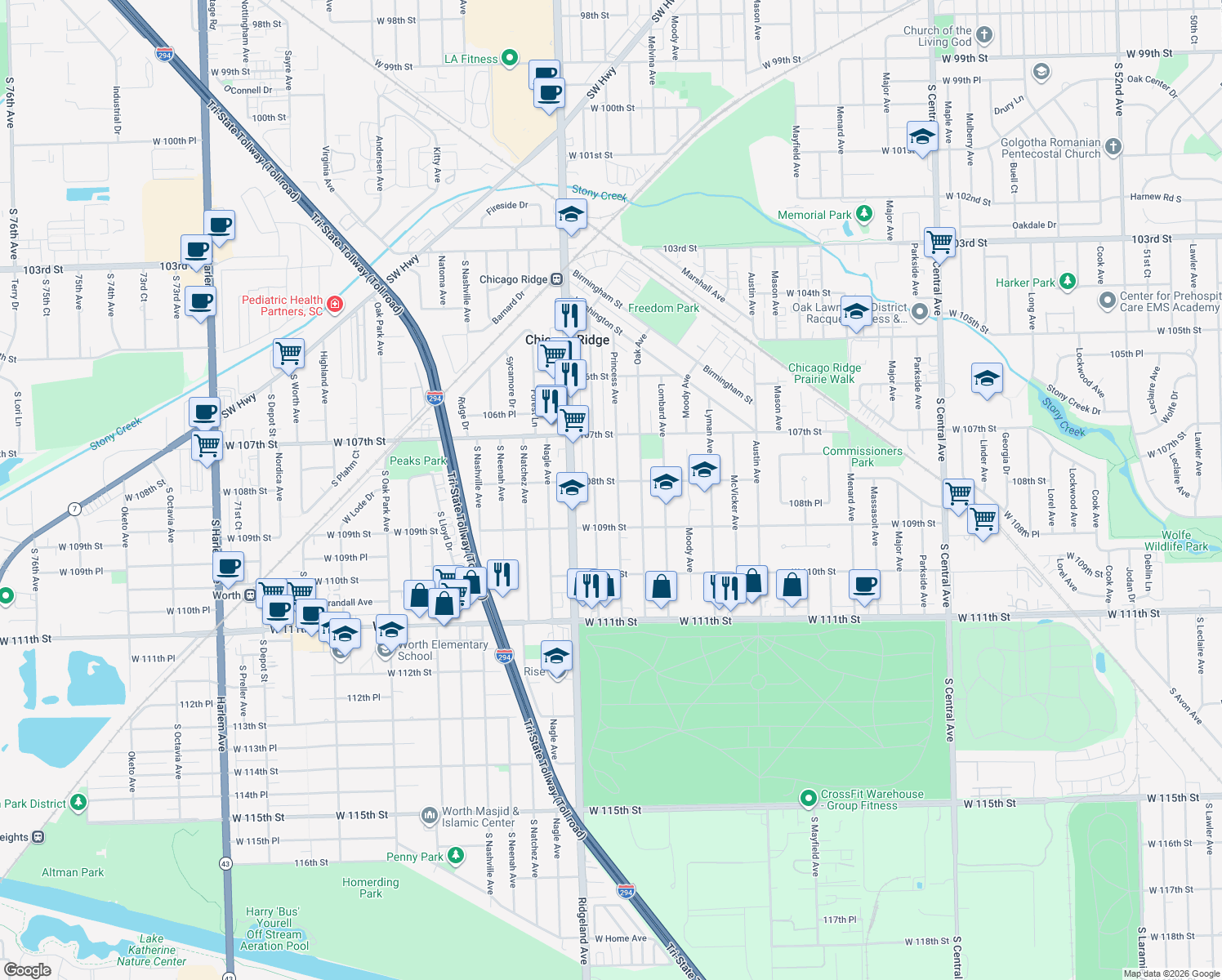 map of restaurants, bars, coffee shops, grocery stores, and more near 10804 Princess Avenue in Chicago Ridge