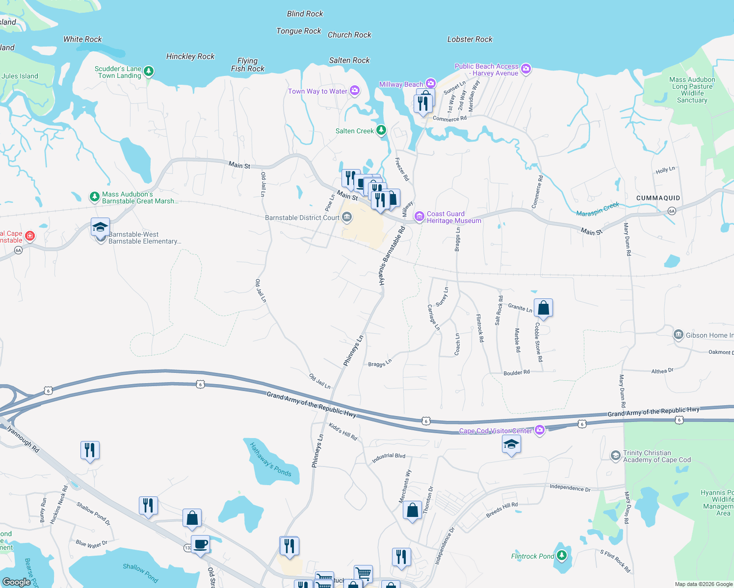 map of restaurants, bars, coffee shops, grocery stores, and more near 37 Maushop Avenue in Barnstable