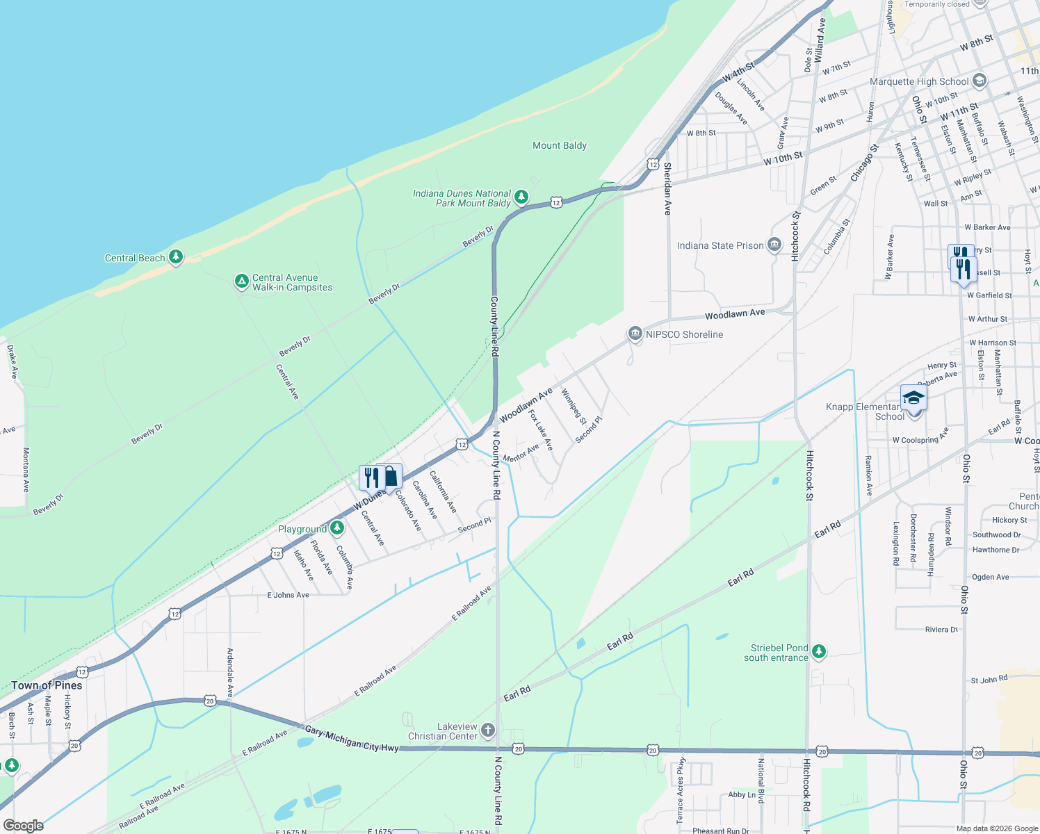 map of restaurants, bars, coffee shops, grocery stores, and more near 1115 Woodlawn Avenue in Michigan City