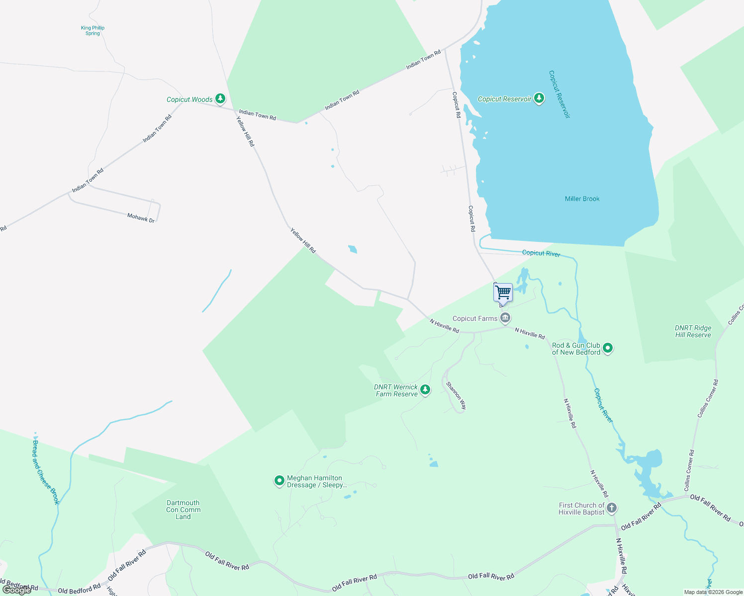 map of restaurants, bars, coffee shops, grocery stores, and more near 150 Yellow Hill Road in Fall River