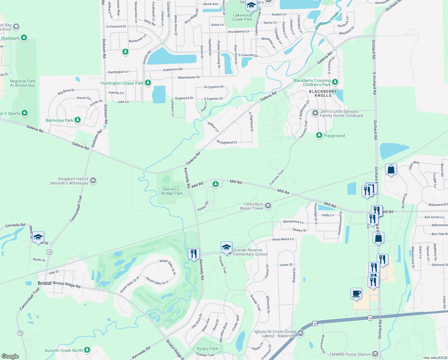 map of restaurants, bars, coffee shops, grocery stores, and more near 7699 Mill Road in Bristol