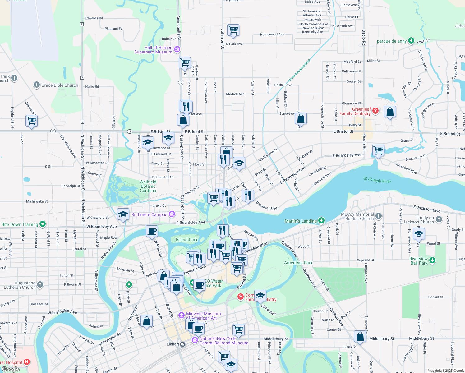 map of restaurants, bars, coffee shops, grocery stores, and more near 902 Grant St in Elkhart