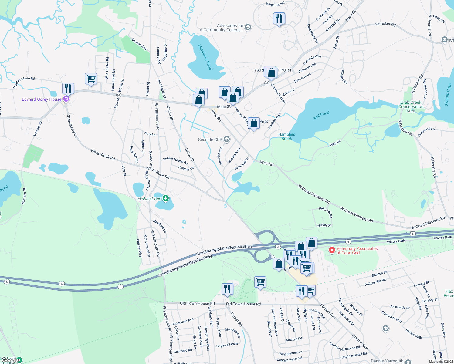 map of restaurants, bars, coffee shops, grocery stores, and more near 6 Seminole Dr in Yarmouth