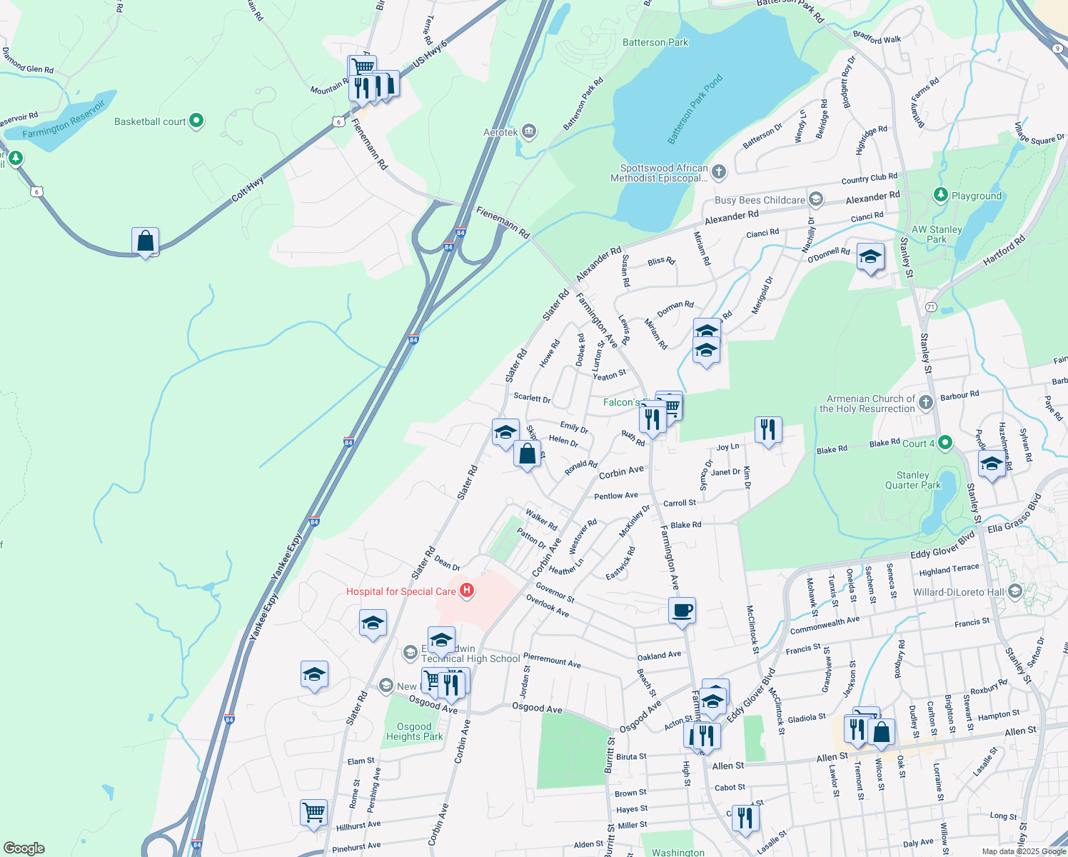 map of restaurants, bars, coffee shops, grocery stores, and more near 97 Skipper St in New Britain