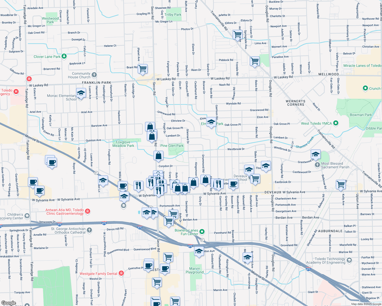 map of restaurants, bars, coffee shops, grocery stores, and more near 3049 Westbrook Dr in Toledo
