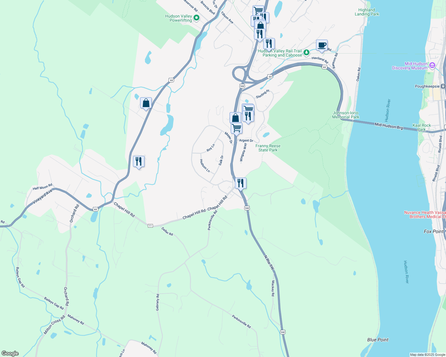 map of restaurants, bars, coffee shops, grocery stores, and more near 77 Mayer Drive in Highland