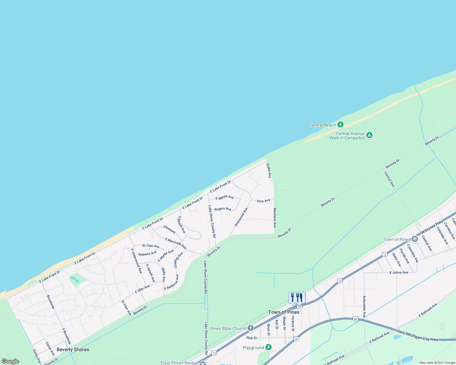 map of restaurants, bars, coffee shops, grocery stores, and more near 827 East Lake Front Drive in Michigan City