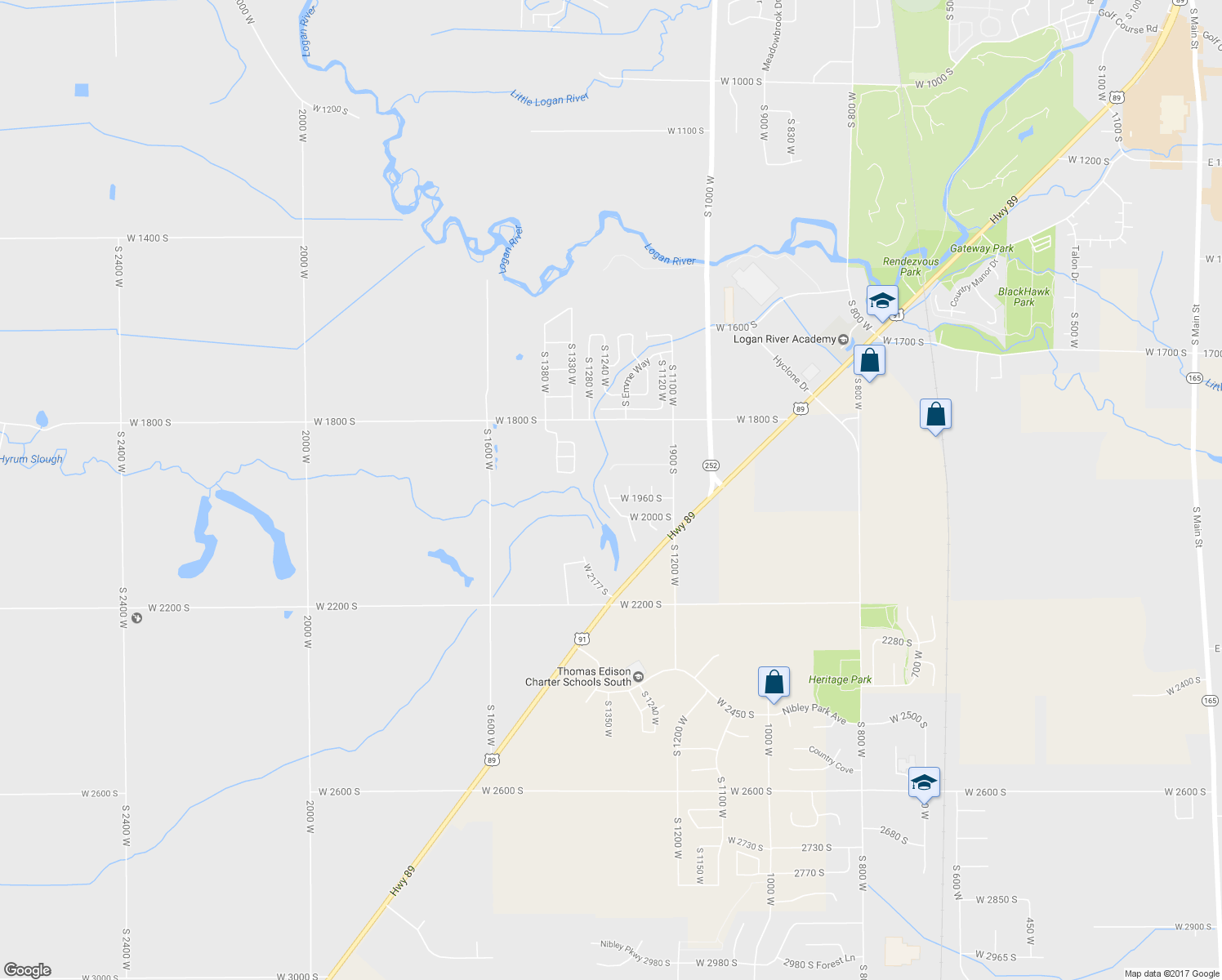 map of restaurants, bars, coffee shops, grocery stores, and more near 1950 South 1250 West in Logan