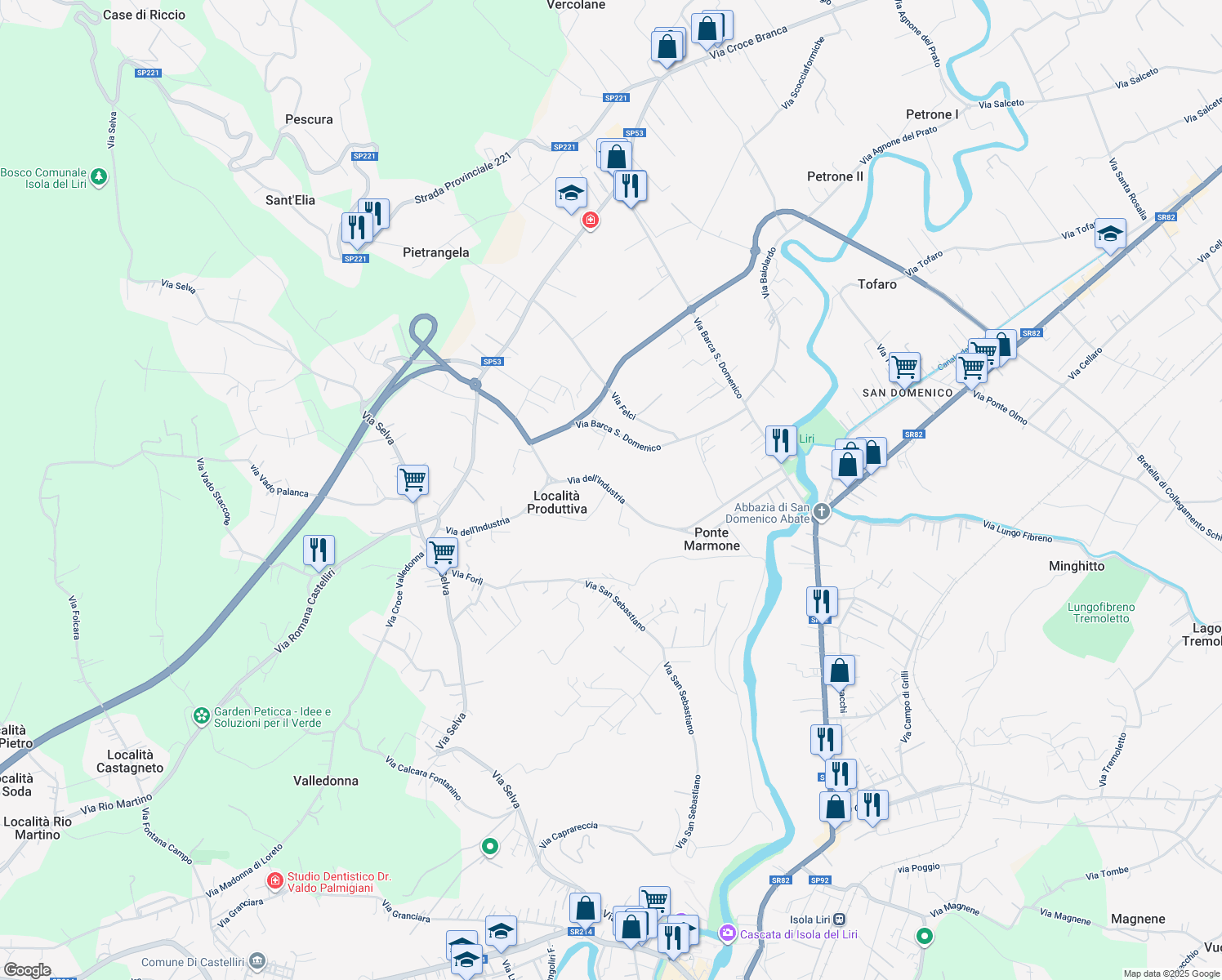 map of restaurants, bars, coffee shops, grocery stores, and more near 13 Via dell'Industria in Sora
