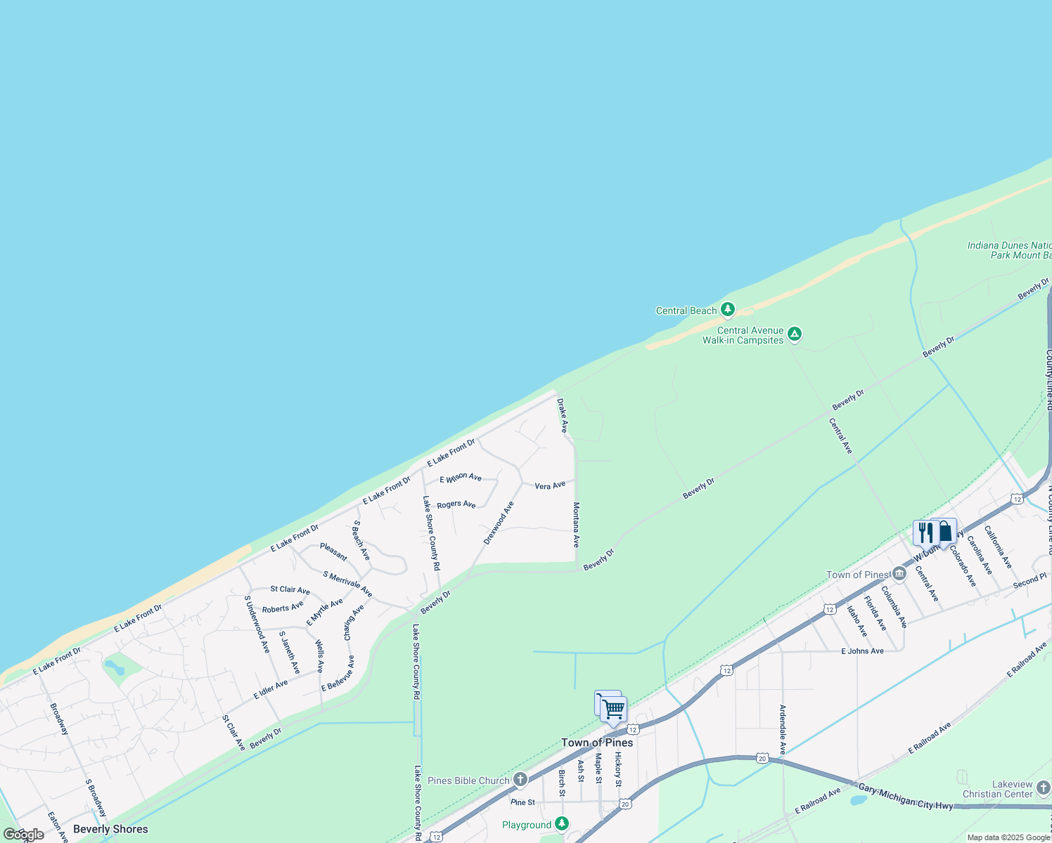 map of restaurants, bars, coffee shops, grocery stores, and more near 827 East Lake Front Drive in Beverly Shores