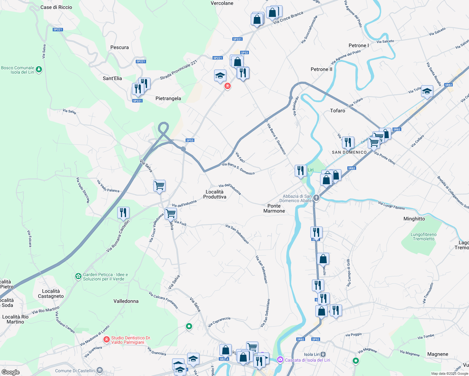 map of restaurants, bars, coffee shops, grocery stores, and more near 13 Via dell'Industria in Sora