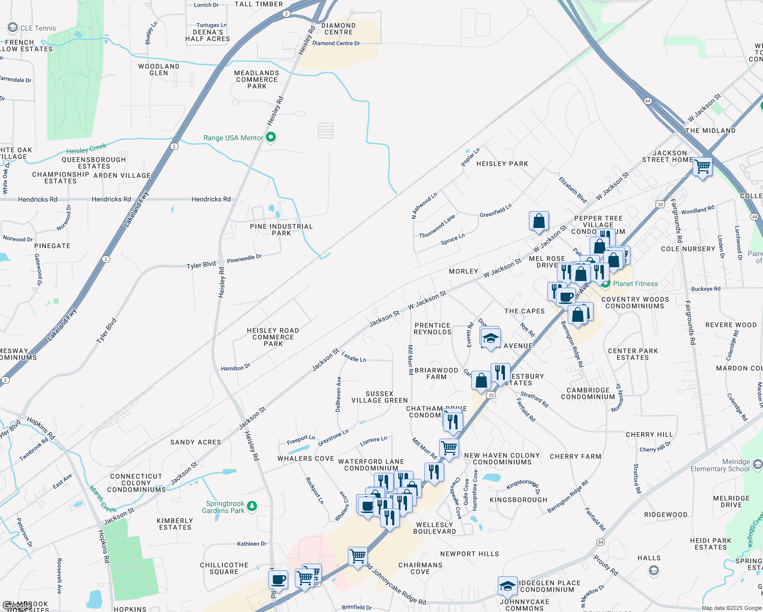 map of restaurants, bars, coffee shops, grocery stores, and more near 9609 Jackson St in Mentor