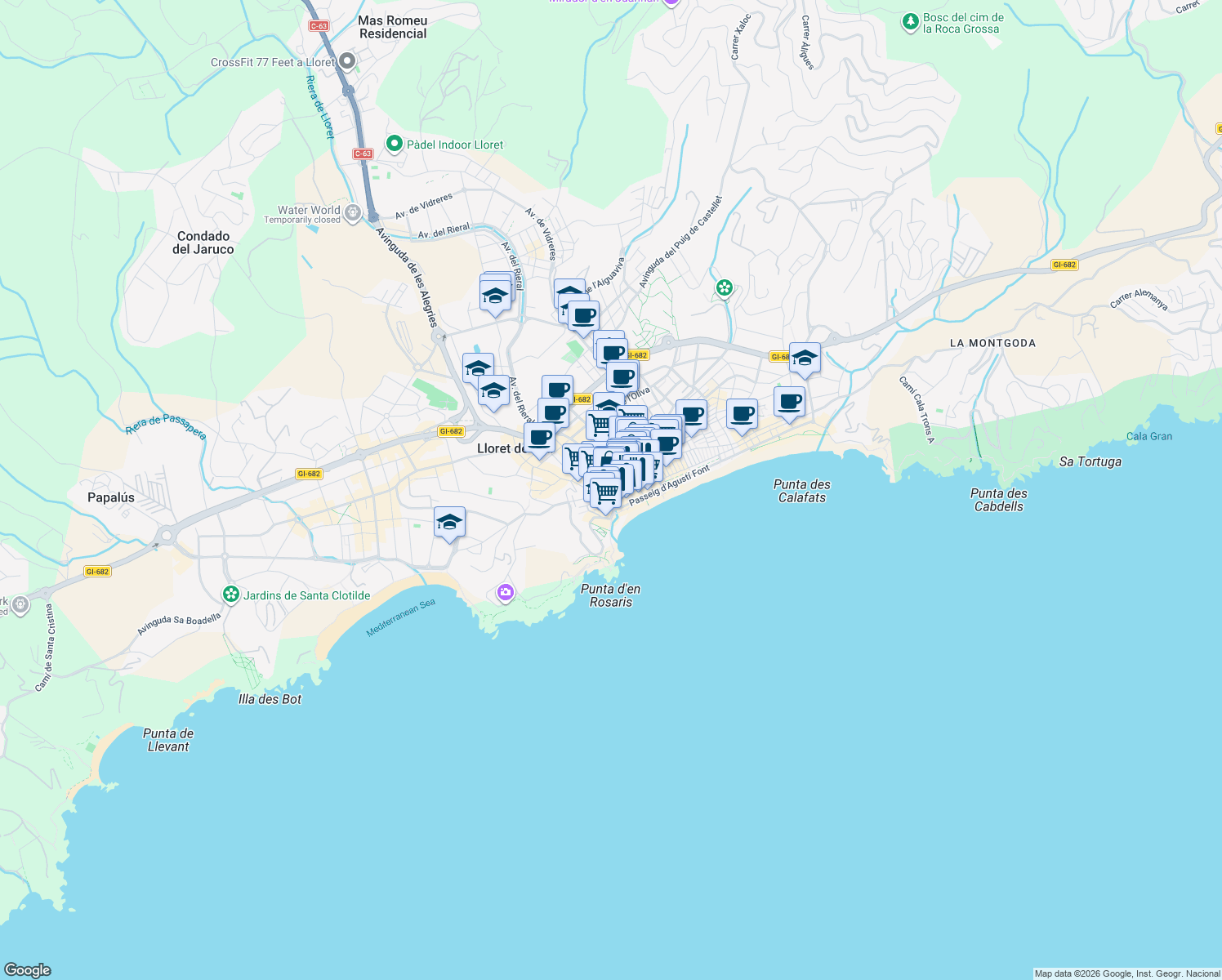 map of restaurants, bars, coffee shops, grocery stores, and more near 18 Avinguda Just Marlés Vilarrodona in Lloret de Mar