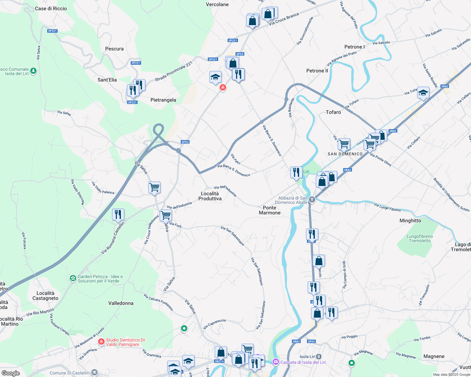 map of restaurants, bars, coffee shops, grocery stores, and more near 13 Via dell'Industria in Sora