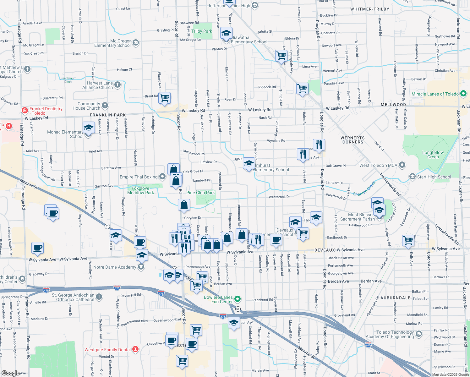 map of restaurants, bars, coffee shops, grocery stores, and more near 3008 Pinehurst Drive in Toledo