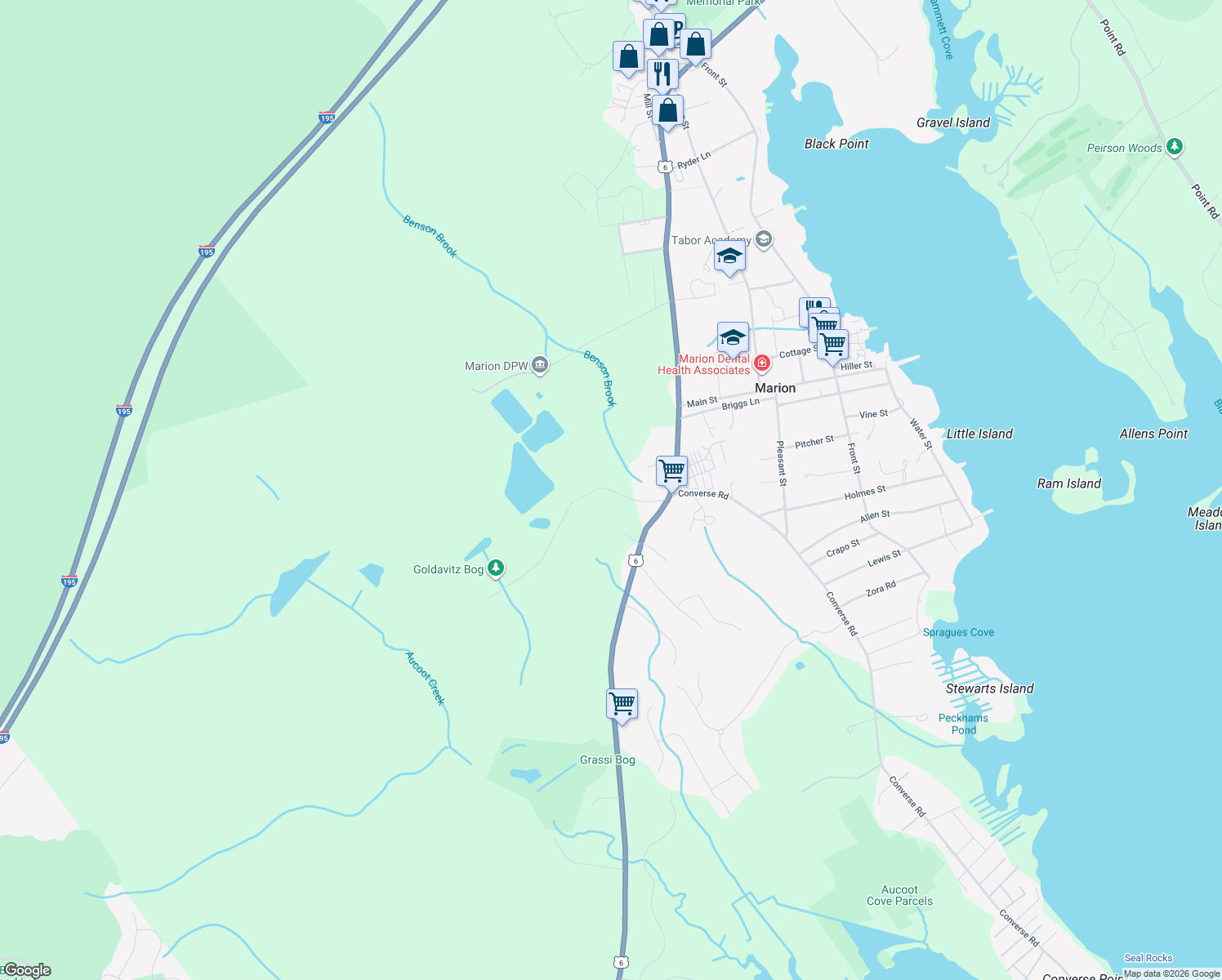 map of restaurants, bars, coffee shops, grocery stores, and more near 23 Parlowtown Road in Marion