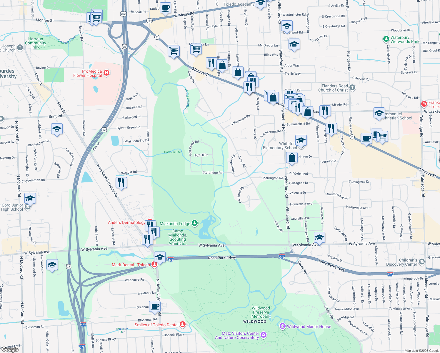 map of restaurants, bars, coffee shops, grocery stores, and more near 5501 Sturbridge Rd in Toledo