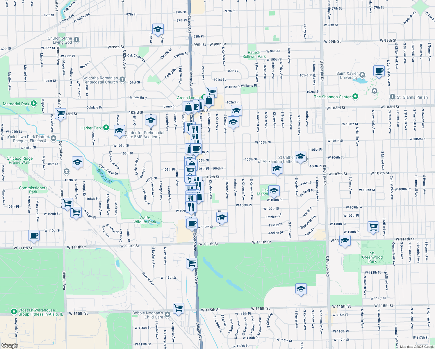 map of restaurants, bars, coffee shops, grocery stores, and more near 4624 107th Street in Oak Lawn