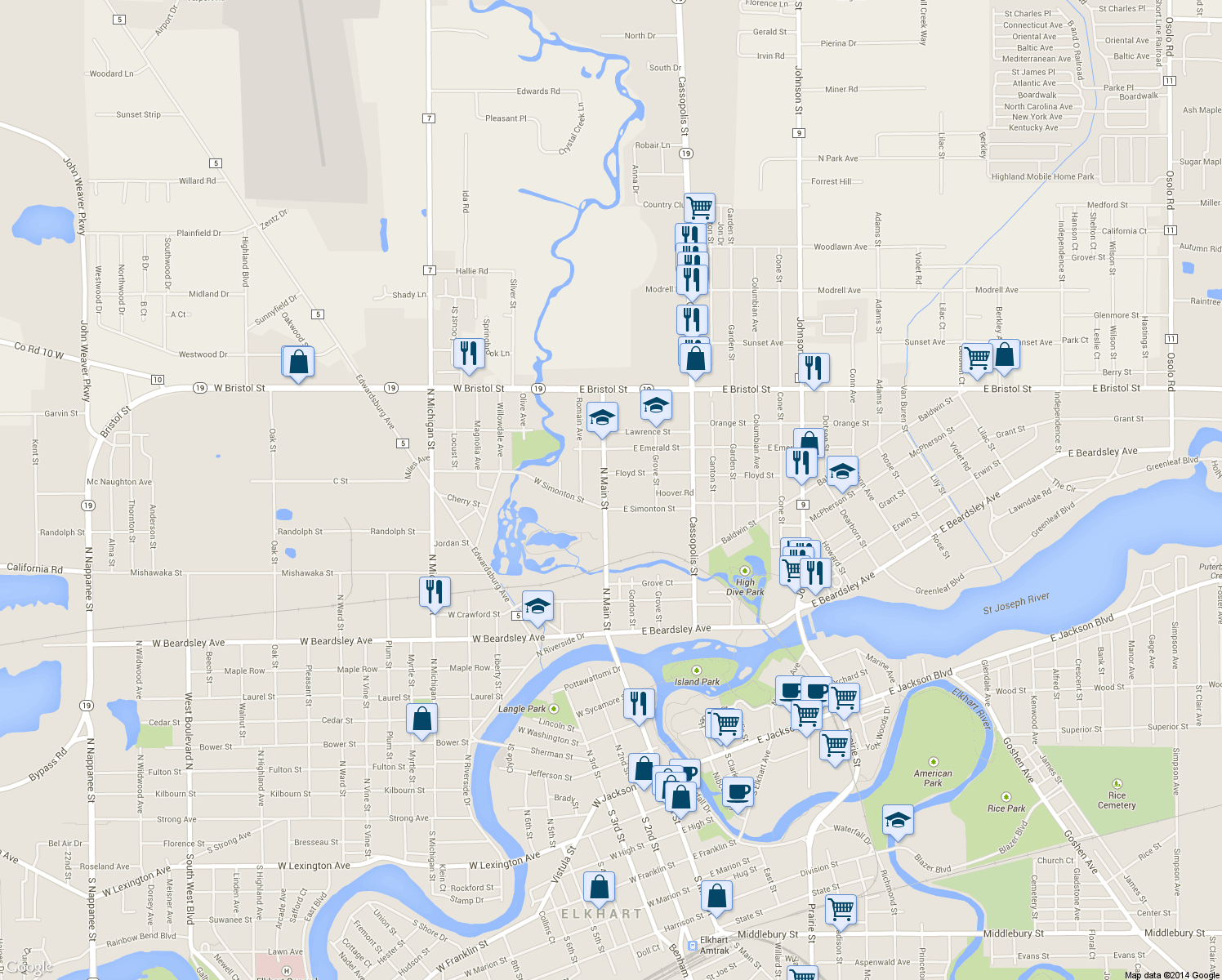 map of restaurants, bars, coffee shops, grocery stores, and more near 1224 N Main St in Elkhart